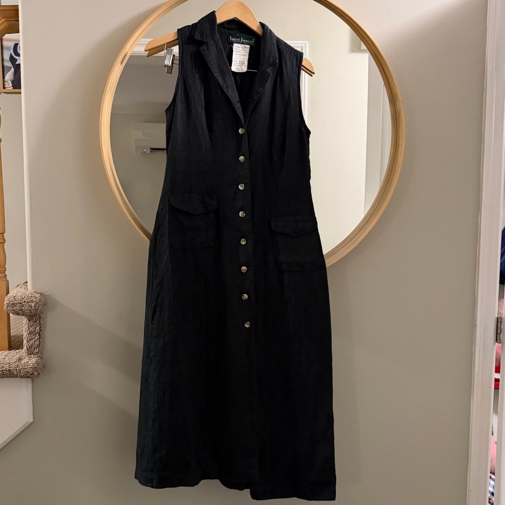 Vintage Harvé Benard Black Linen Midi Dress Medium Tailored Minimalist